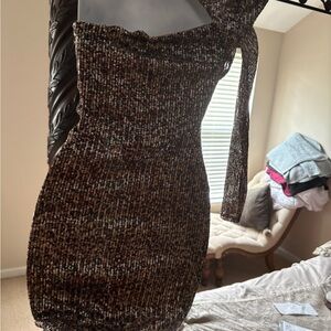 Sequin One-Shoulder Bodycon Dress in Brown